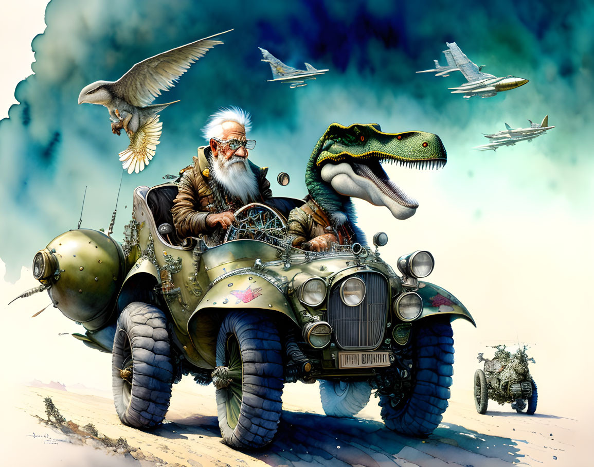 Eccentric old man with beard in steampunk vehicle with dinosaur and flying creatures