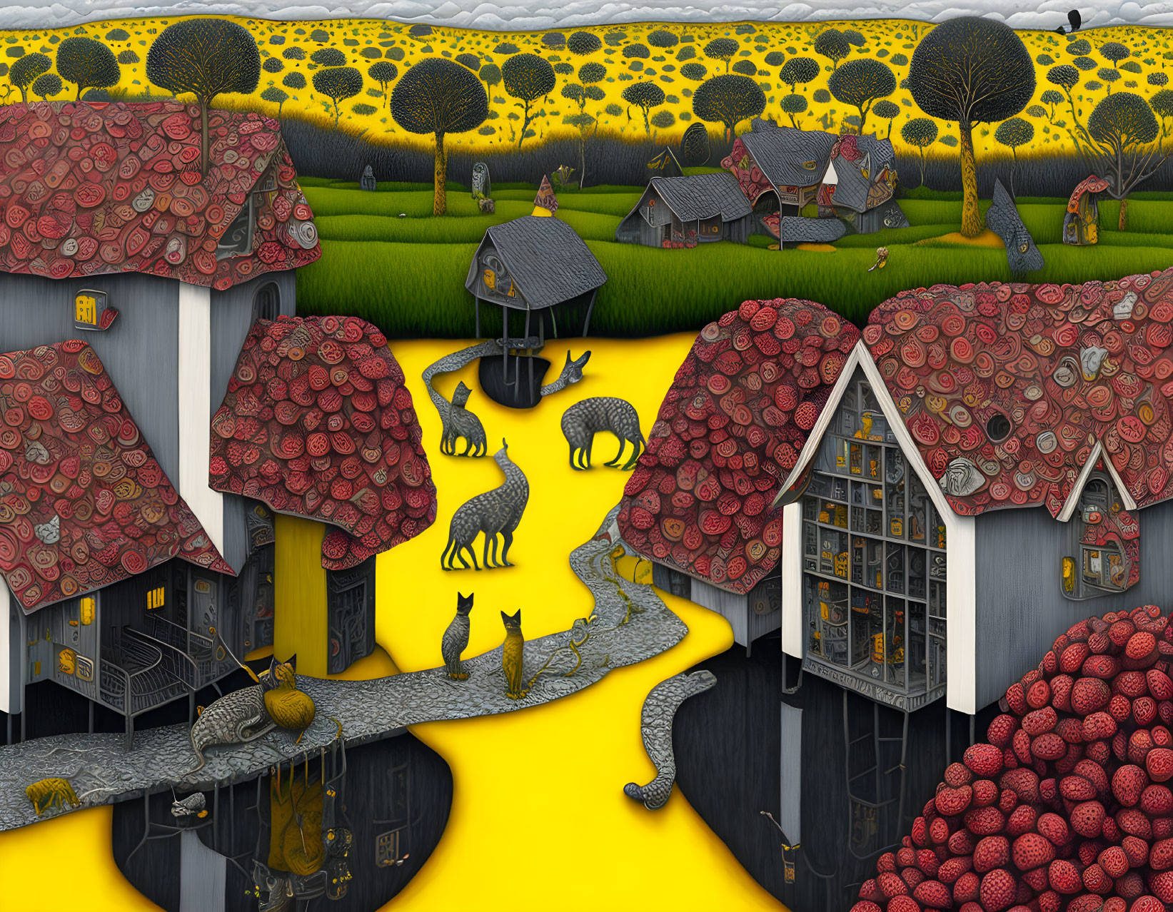 Surreal village artwork with layered roof tiles, lush fields, yellow trees, animals, and winding