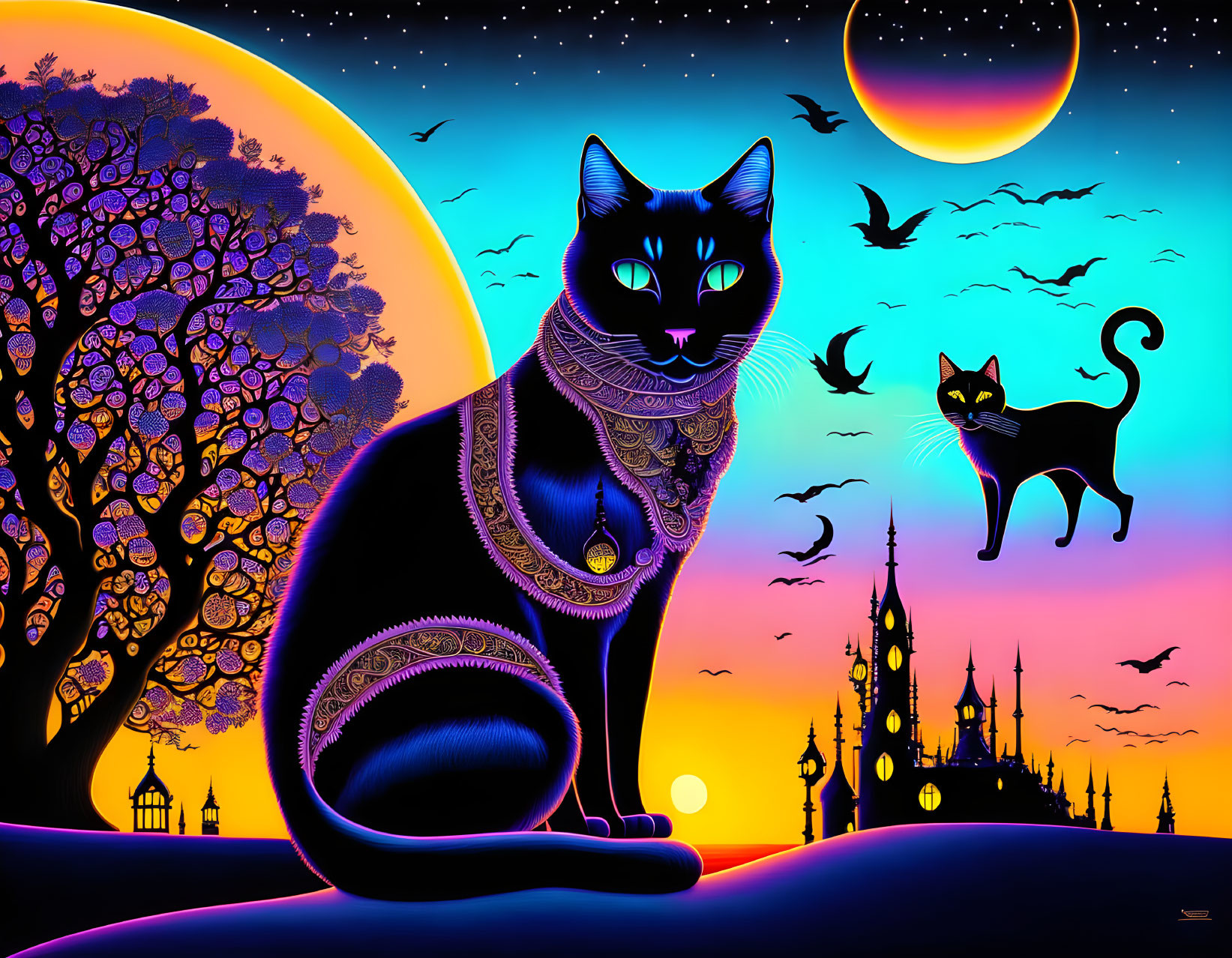 Colorful sunset scene with stylized black cat and castle silhouette