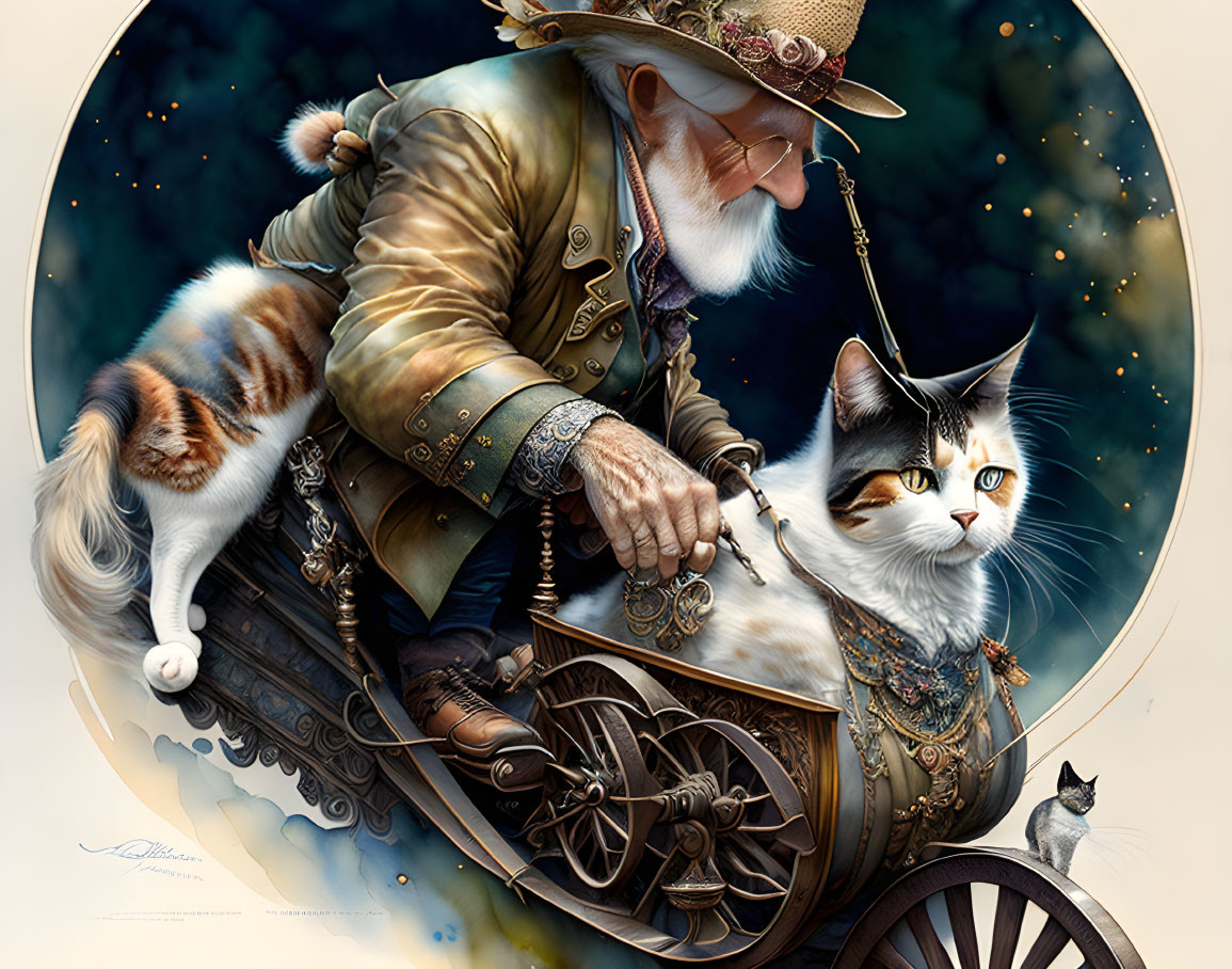 Elderly man in steampunk attire drives unique vehicle with cats under starry sky