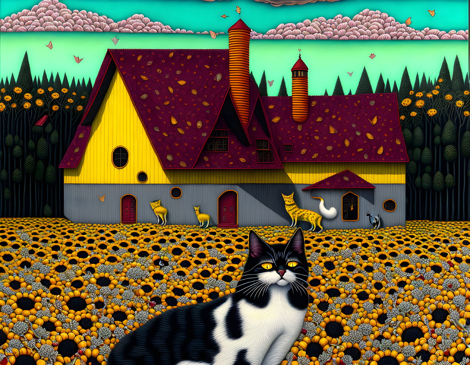 Colorful farm illustration with tuxedo cat, sunflowers, birds, and whimsical patterns.