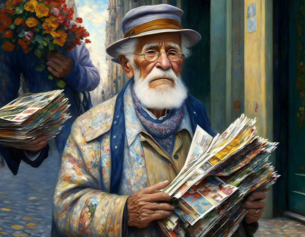 Elderly man with white beard holding newspapers on quaint street