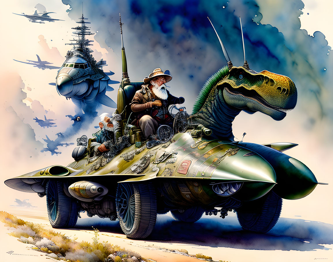 Elderly man on mechanical dinosaur with warships in background