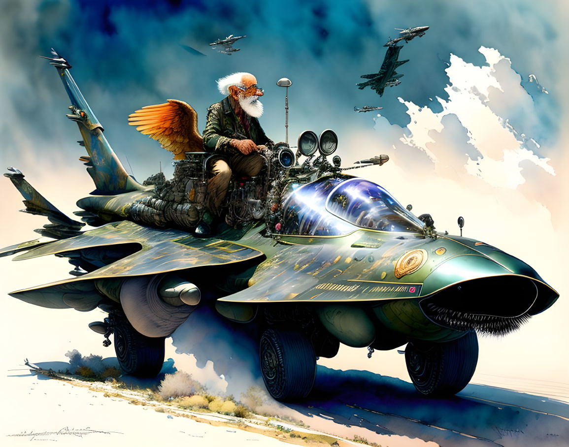 Bearded man with wings on futuristic jet with combat planes in cloudy sky