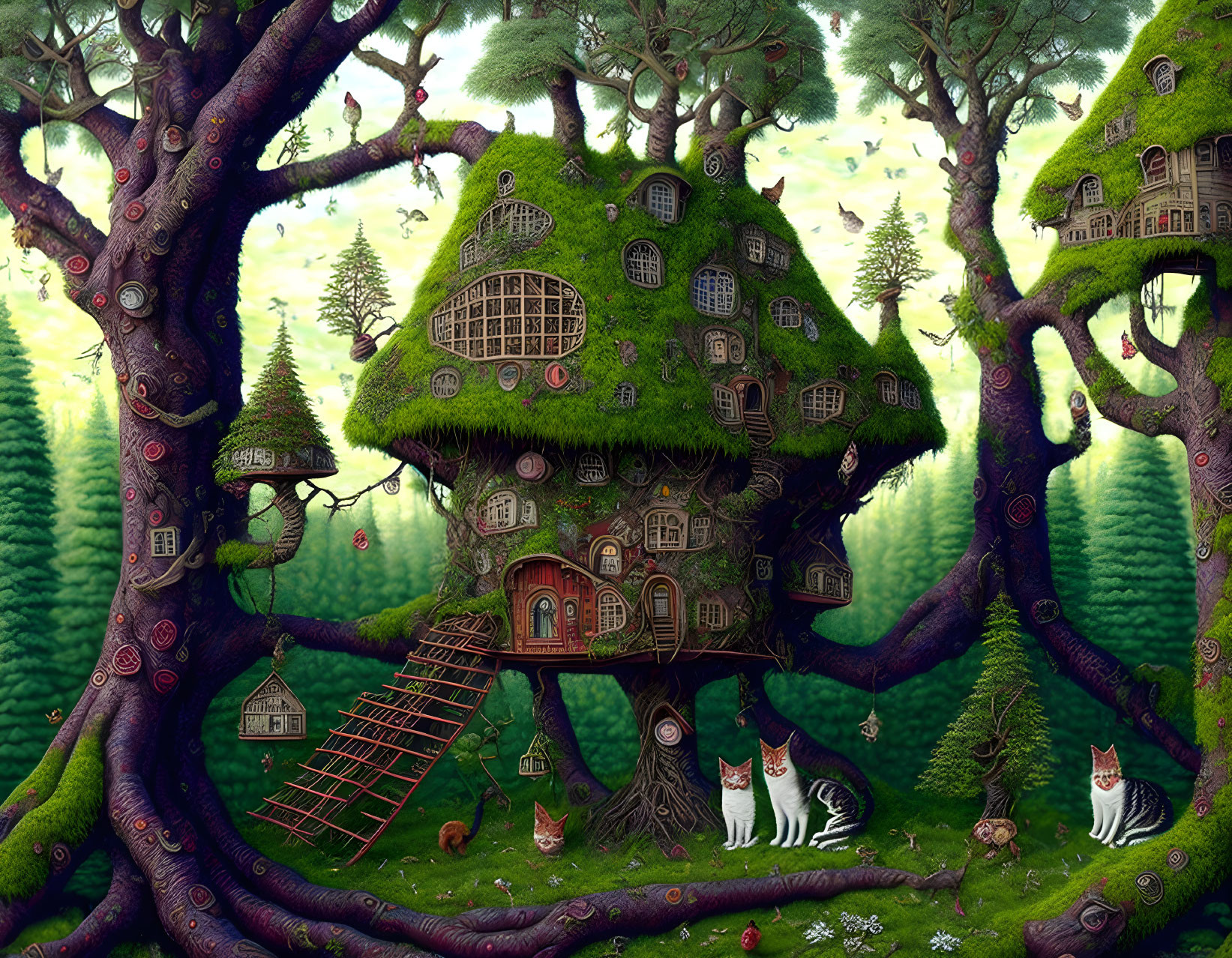 Whimsical treehouses in enchanted forest with playful cats