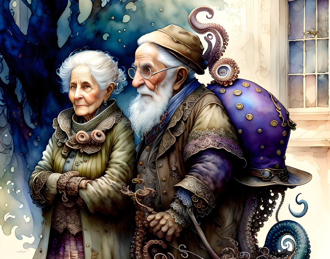 Elderly couple in Victorian attire with tentacle-like adornments on whimsical background