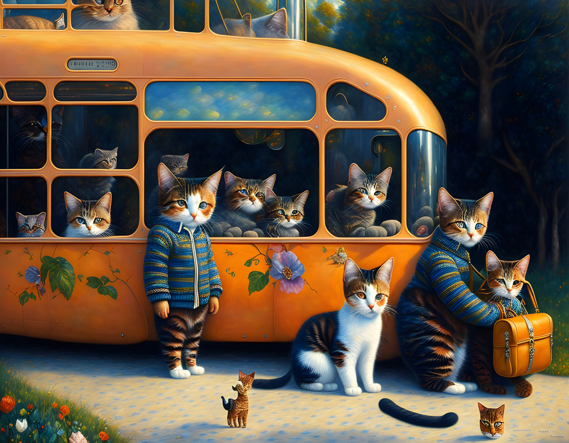 Illustration of cats at bus stop with human-like expressions and lush foliage.