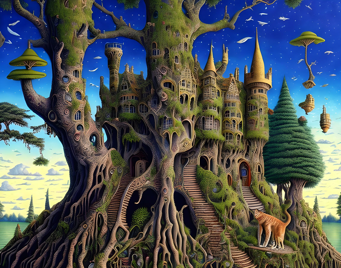 Fantastical tree with houses and castles, floating islands, and tiger in nature scene