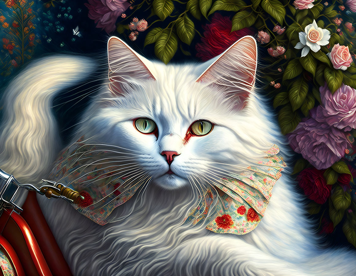 White Cat with Green Eyes and Floral Collar in Lush Rose Background