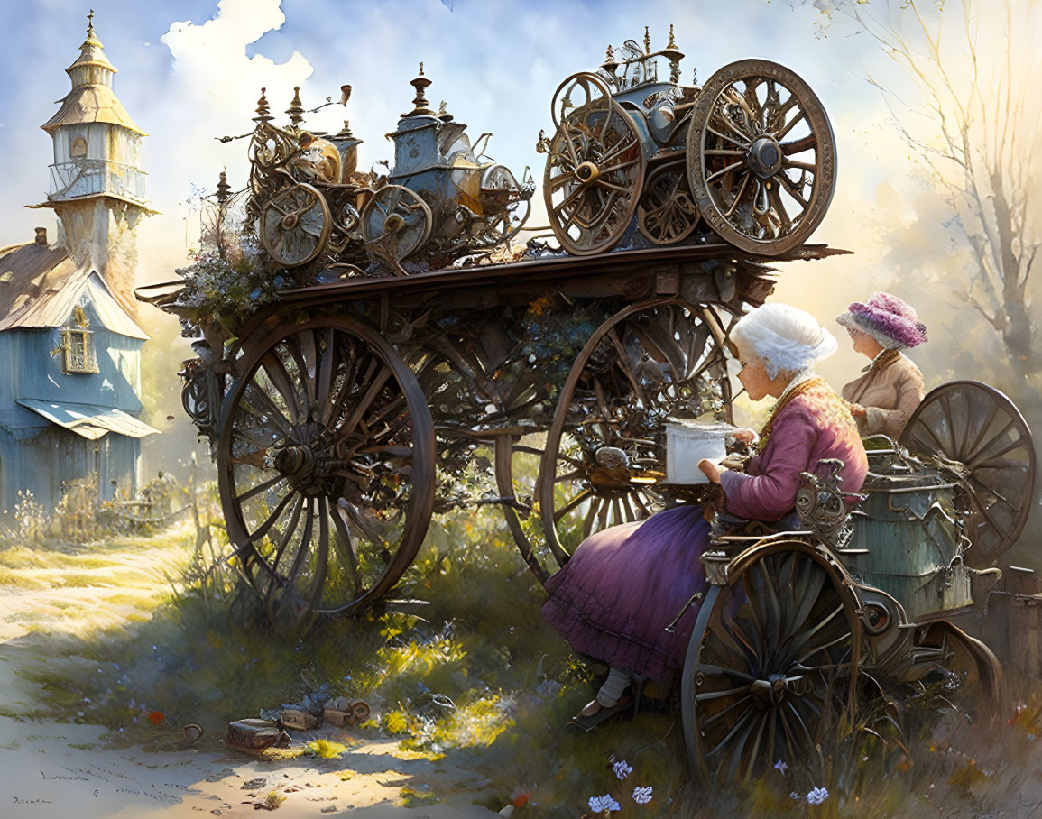 Historical woman near steam-driven cart in serene setting