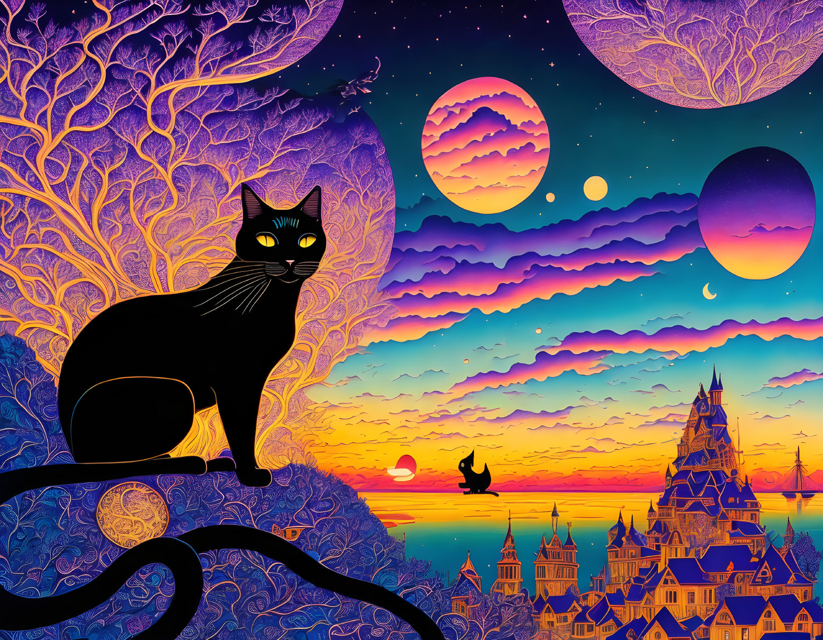 Stylized artwork of black cat on branch with moons and castles