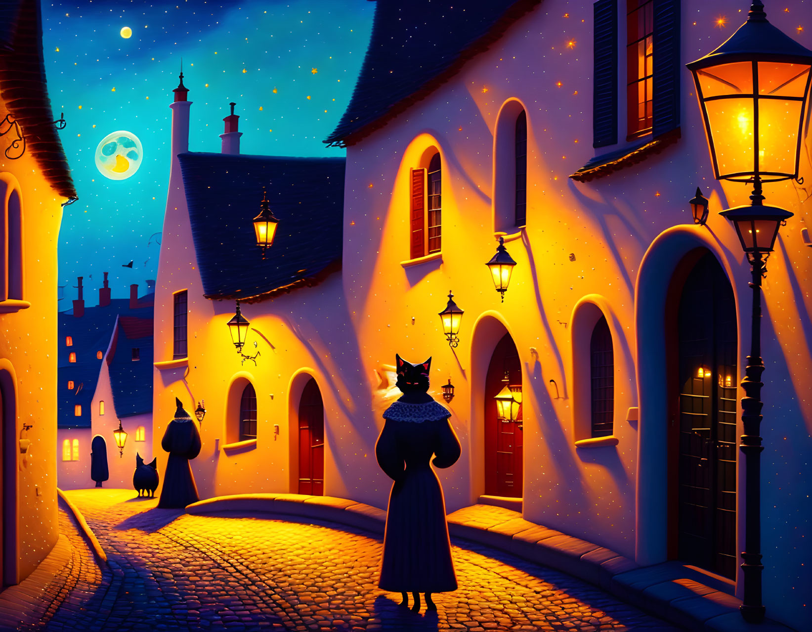 Character in cloak walking down cobblestone street under starry sky