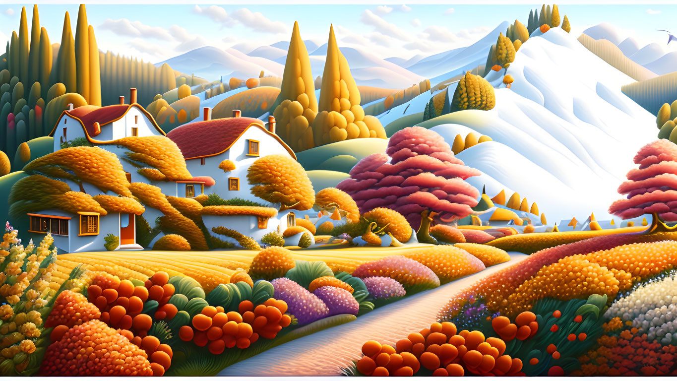 Colorful Landscape with Cozy House and Snowy Mountains