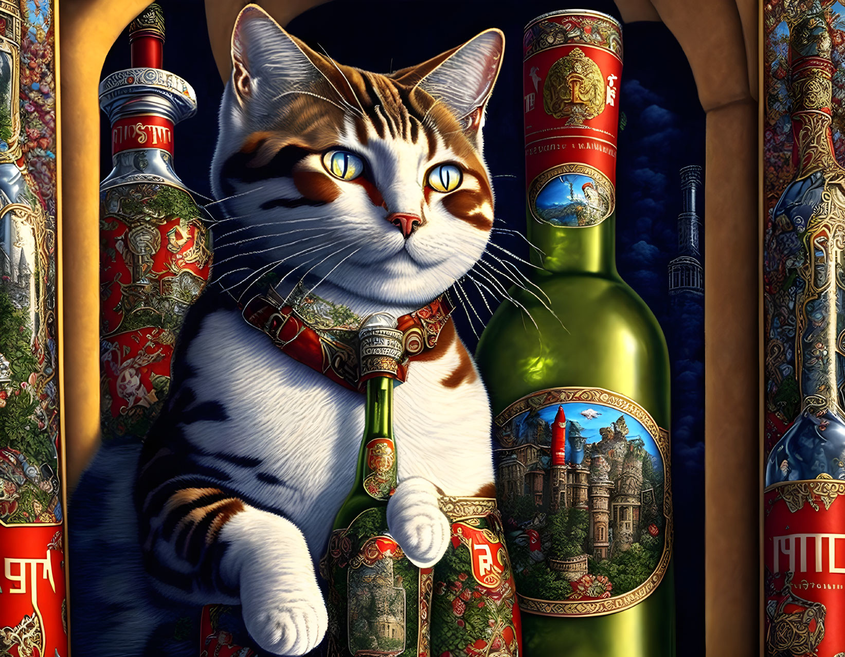 Blue-eyed cat surrounded by labeled bottles in whimsical scene