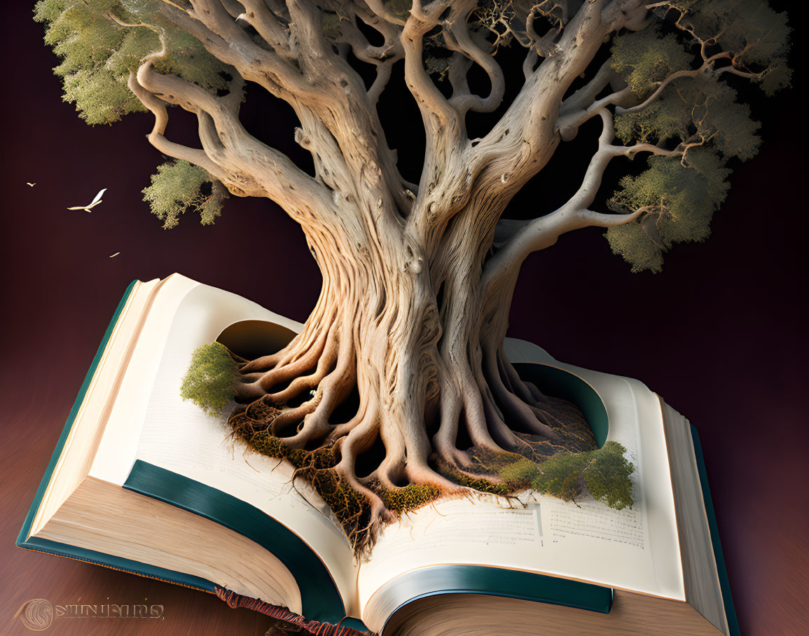 Intricate tree with robust roots growing from an open book