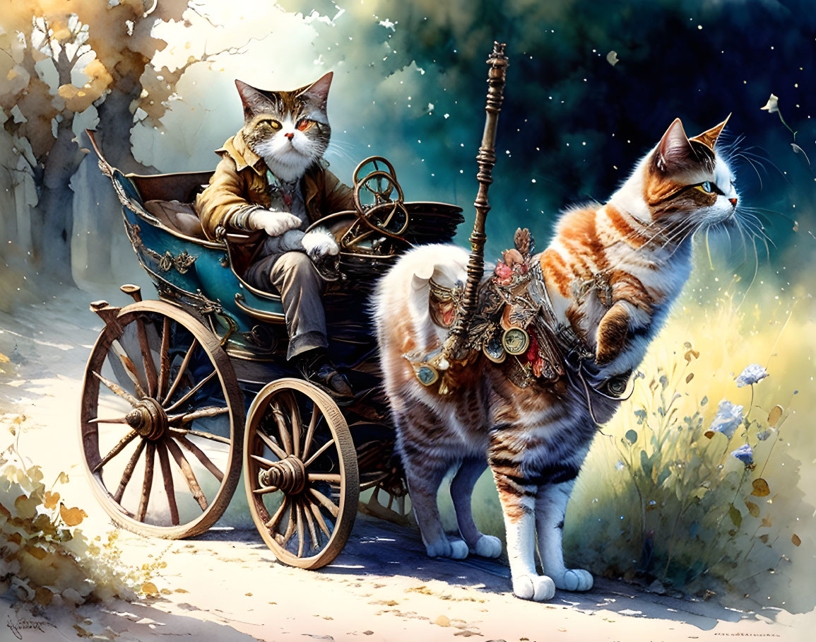 Anthropomorphic cats in vintage wagon with medals and rifle in whimsical forest.