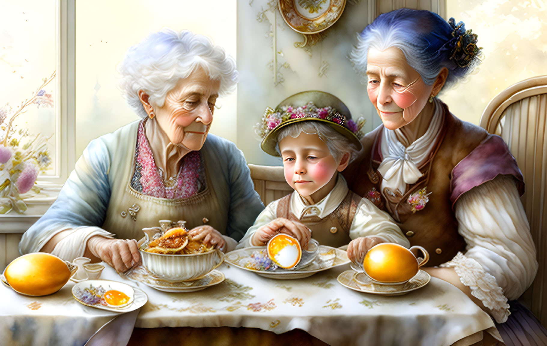 Elderly Women, Child, and Fruit Bowls in Vintage Room