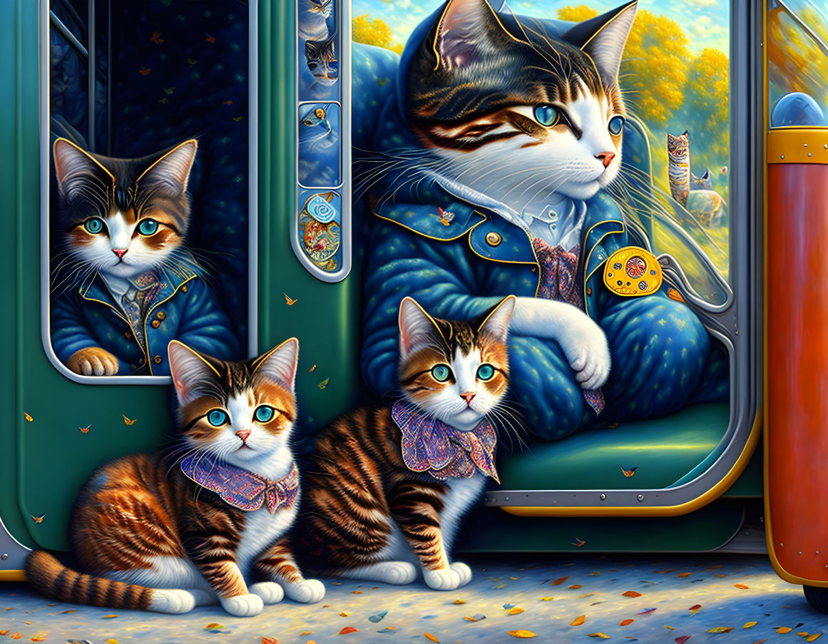 Anthropomorphic cats in human clothes on bus with whimsical fall scenery