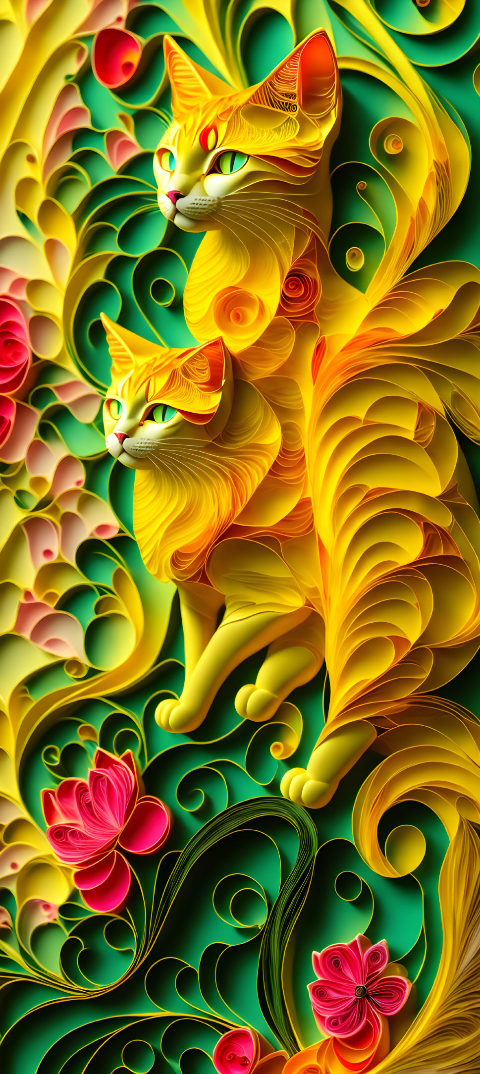 Colorful digital artwork of two stylized cats with intricate patterns in yellow, orange, and green,