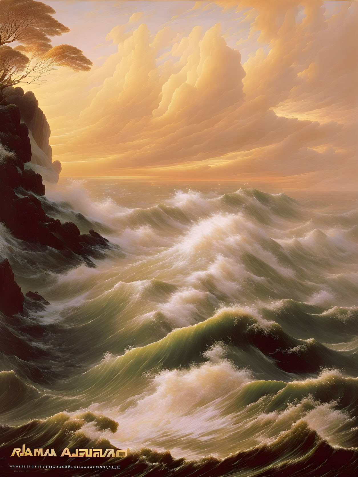 Majestic seascape with crashing waves and dramatic sunset sky