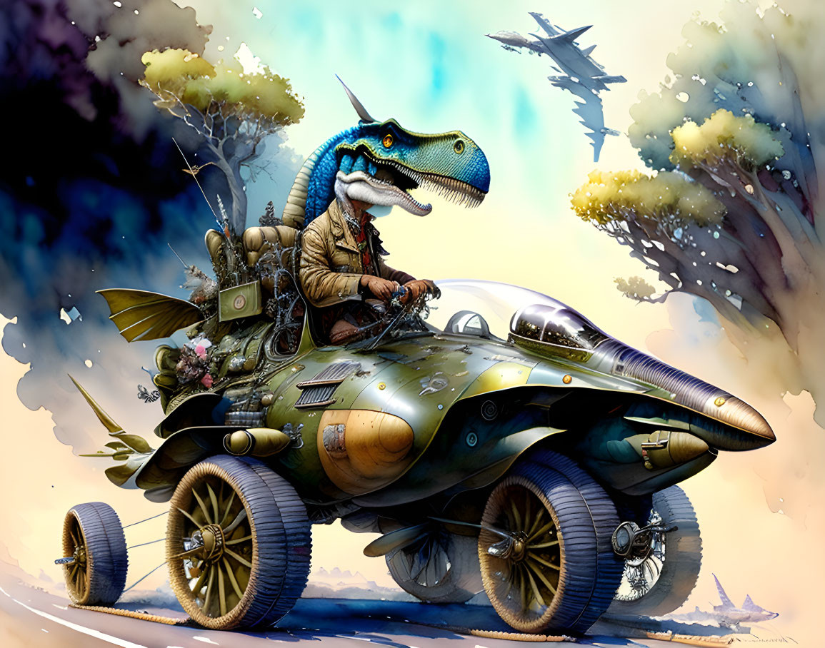 Velociraptor in pilot jacket drives steampunk car with fantasy creatures