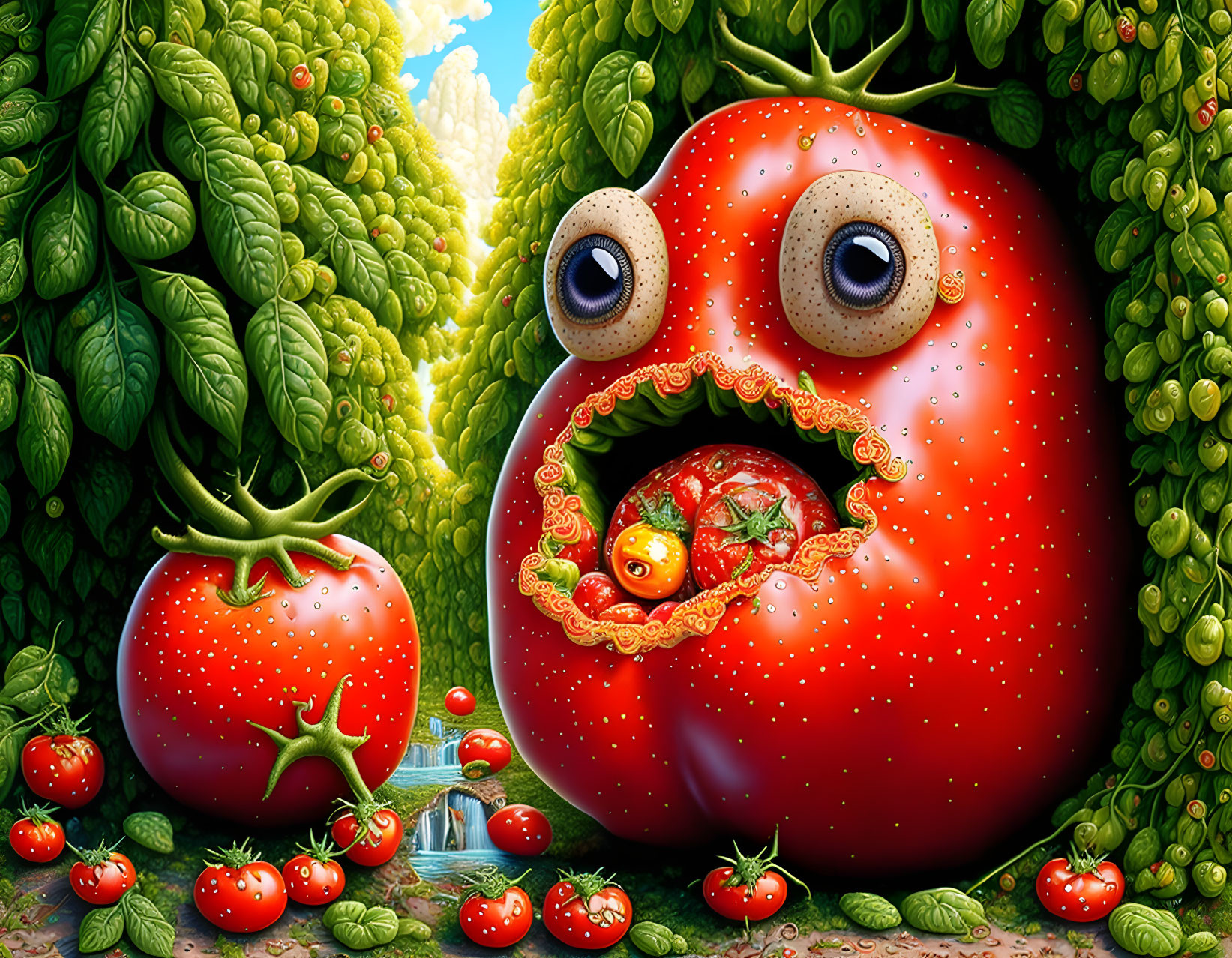 Illustration of anthropomorphized red tomato in lush environment