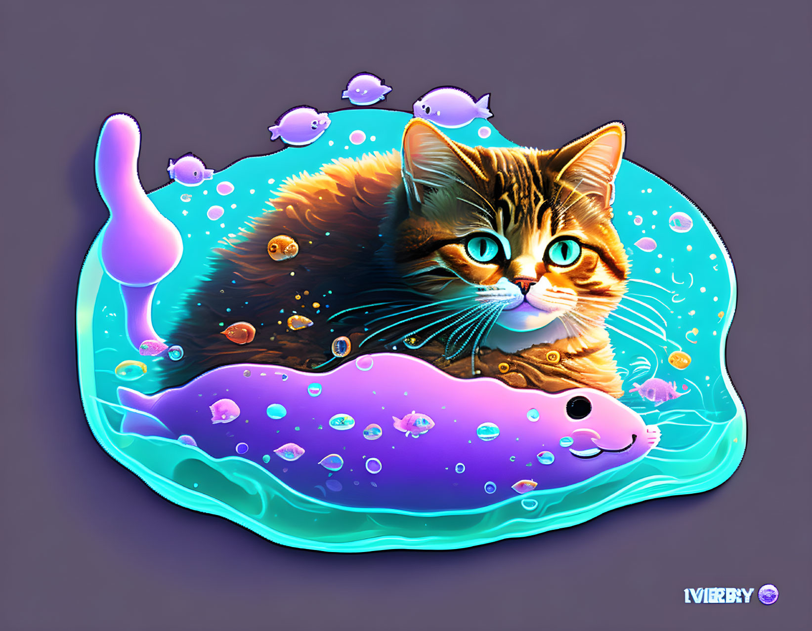 Colorful Cat Jellyfish Fusion Artwork with Aquatic Theme