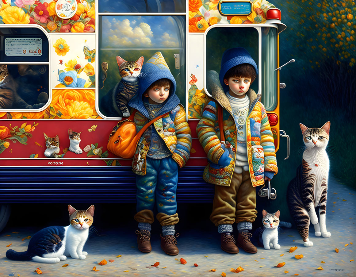 Children and cats at bus stop in autumn setting with falling leaves.