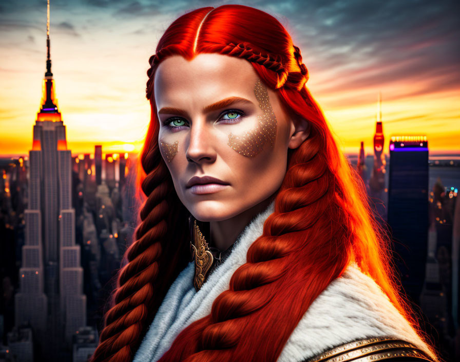 Fantasy portrait: Woman with red hair and braids, gold eye makeup, sunset cityscape.