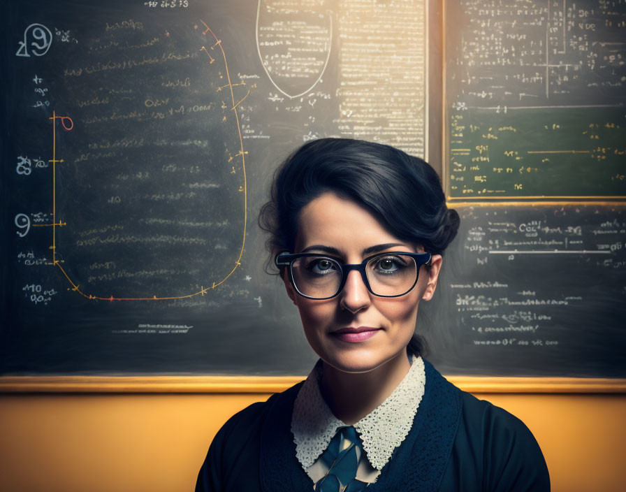 Confident woman with glasses in front of math-filled chalkboard