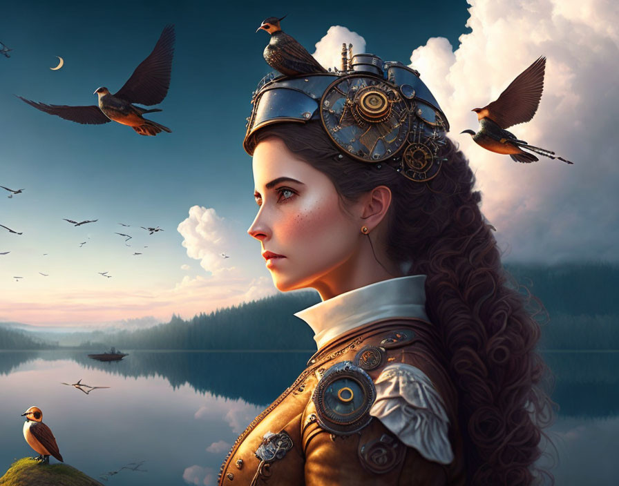 Steampunk-inspired woman with mechanical hat surrounded by birds near lakeside at dusk