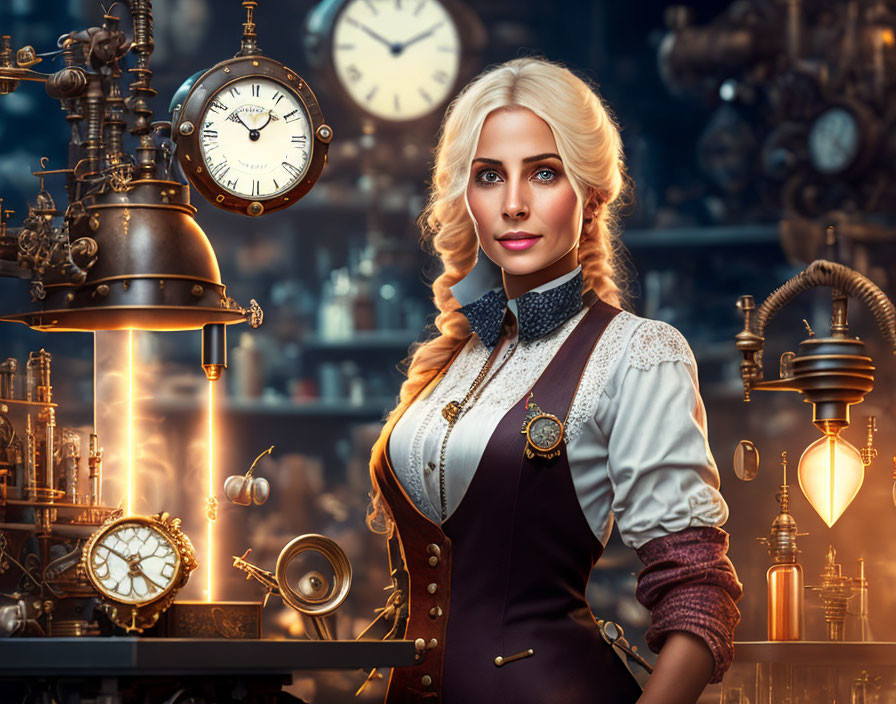 Steampunk-themed woman with clock and machinery backdrop