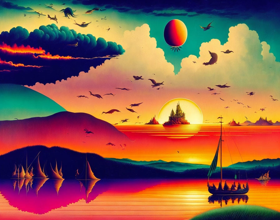 Colorful sunset over serene seascape with sailing ships, floating city, and birds.