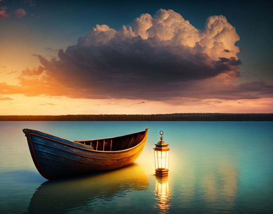 Tranquil twilight waterscape with wooden boat and glowing lantern