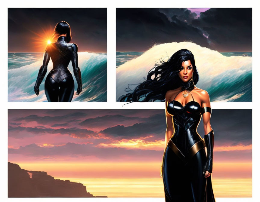 Comic Style Image: Woman in Black Suit with Sunset and Dramatic Sky poses