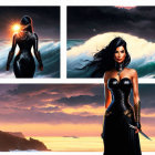 Comic Style Image: Woman in Black Suit with Sunset and Dramatic Sky poses