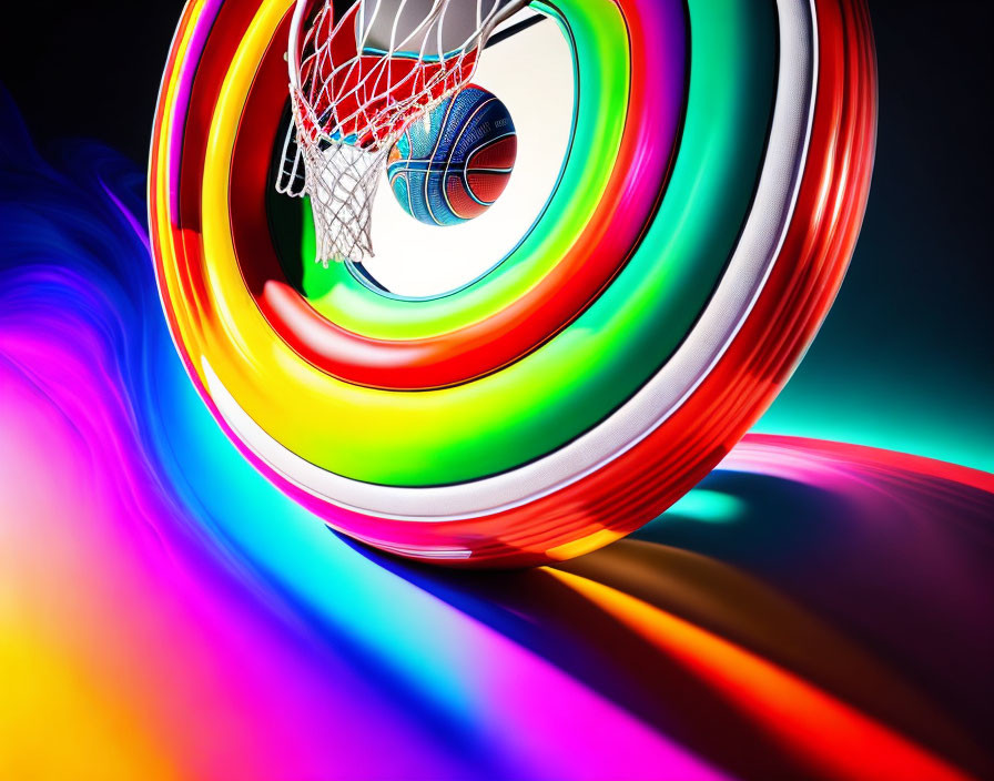 Colorful basketball going through rainbow hoop on dynamic background