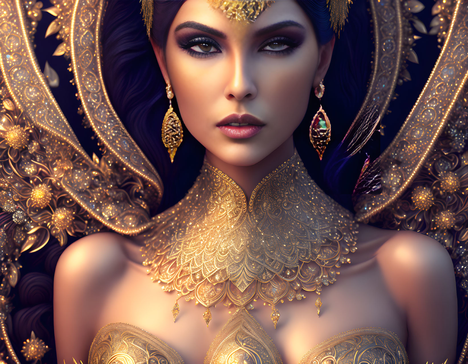 Elegant woman adorned with intricate gold jewelry poses regally