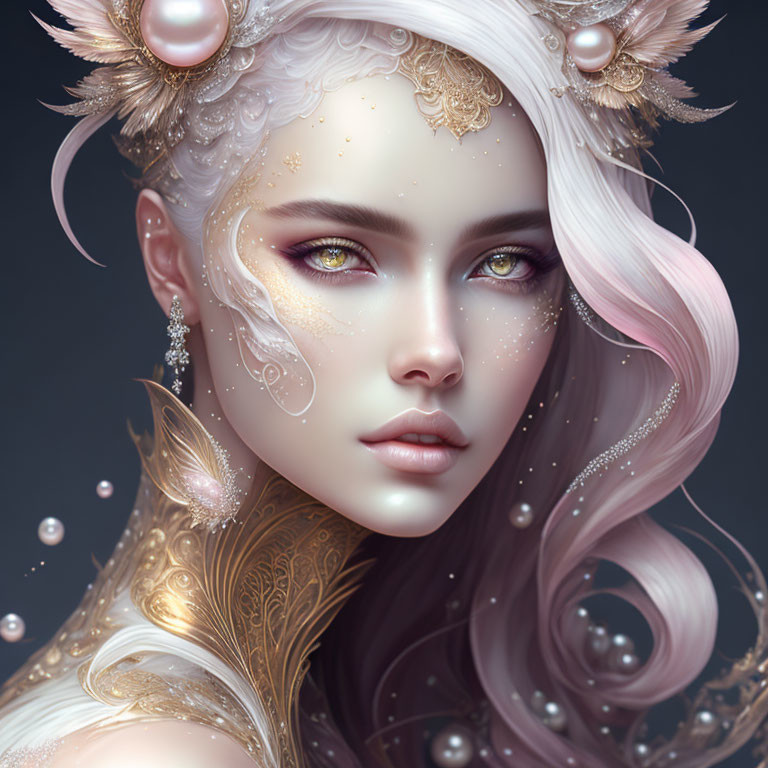 Fantasy female character with white and pink hair and gold headdress