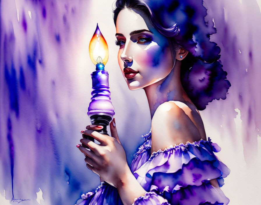 Stylized illustration of woman with purple accents holding candle