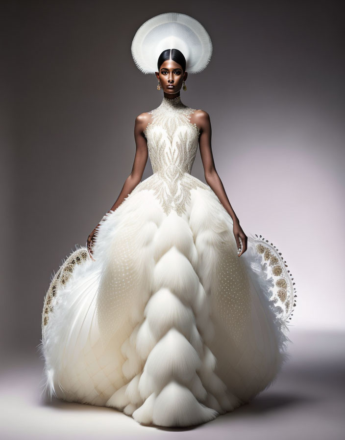 Luxurious White Textured Gown with Elaborate Collar and Headpiece Model Shot