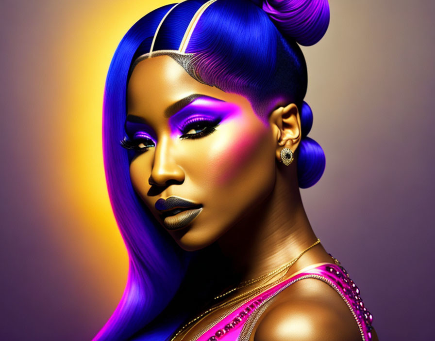 Colorful digital portrait of woman with blue hair and bold makeup on gradient background