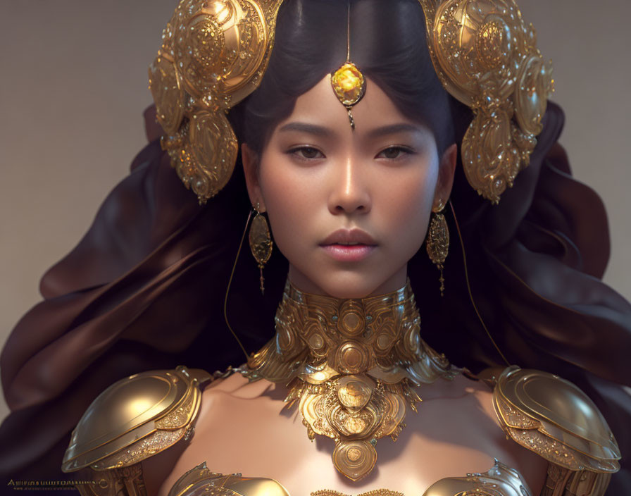 Detailed digital portrait of a woman with golden headdress, jewelry, and armor exuding regal elegance