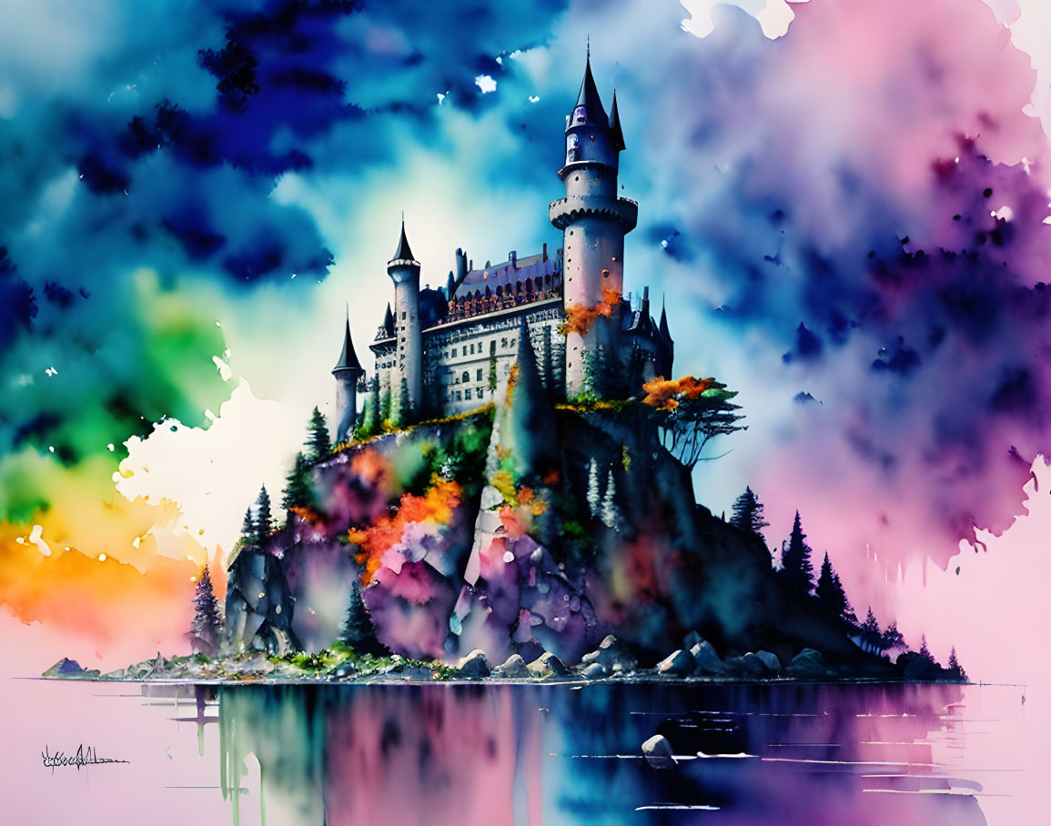 Colorful Watercolor Illustration of Fairy-Tale Castle on Hill