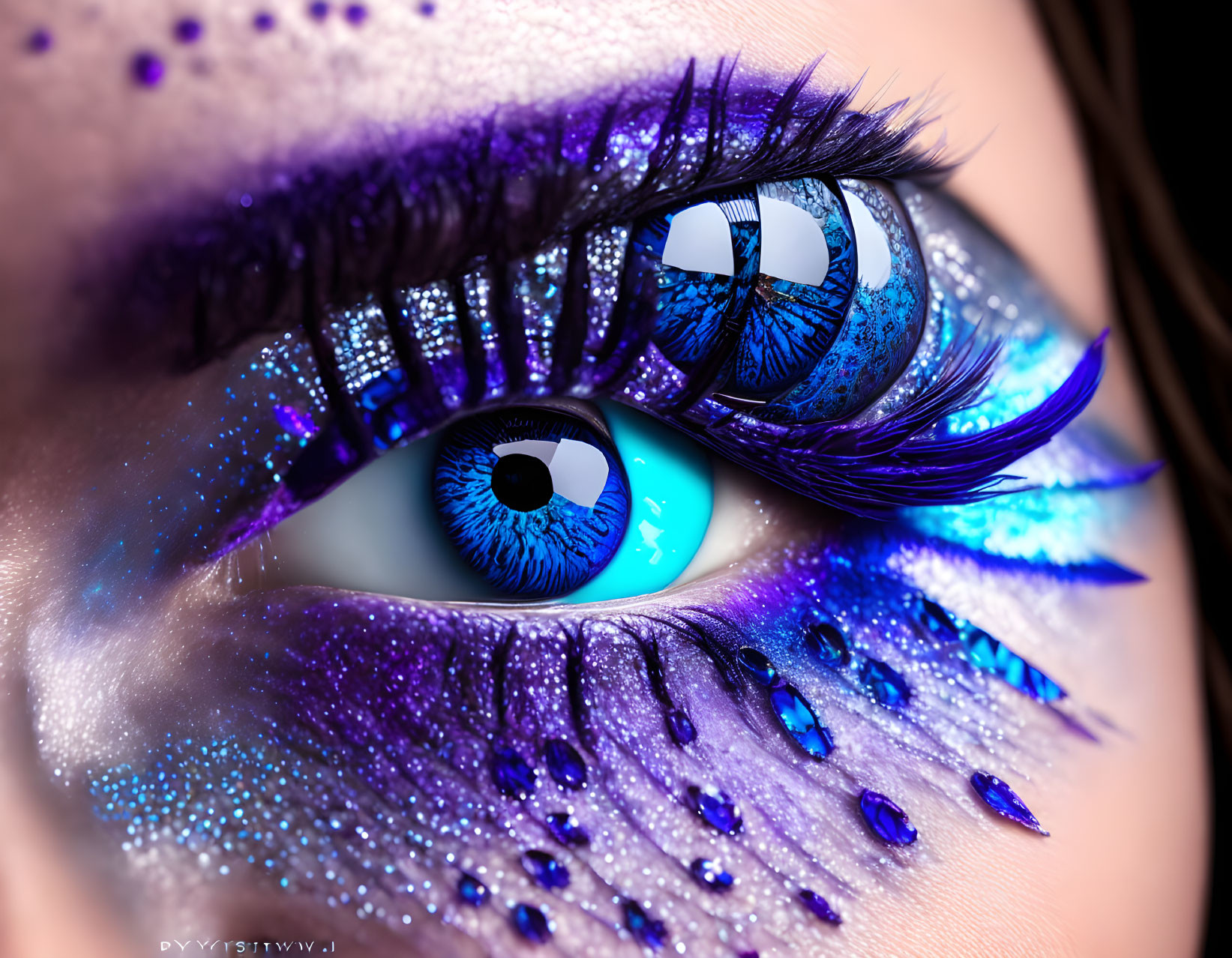 Detailed Close-Up of Blue Eye with Purple Sparkling Eyeshadow and Feathered False Lashes