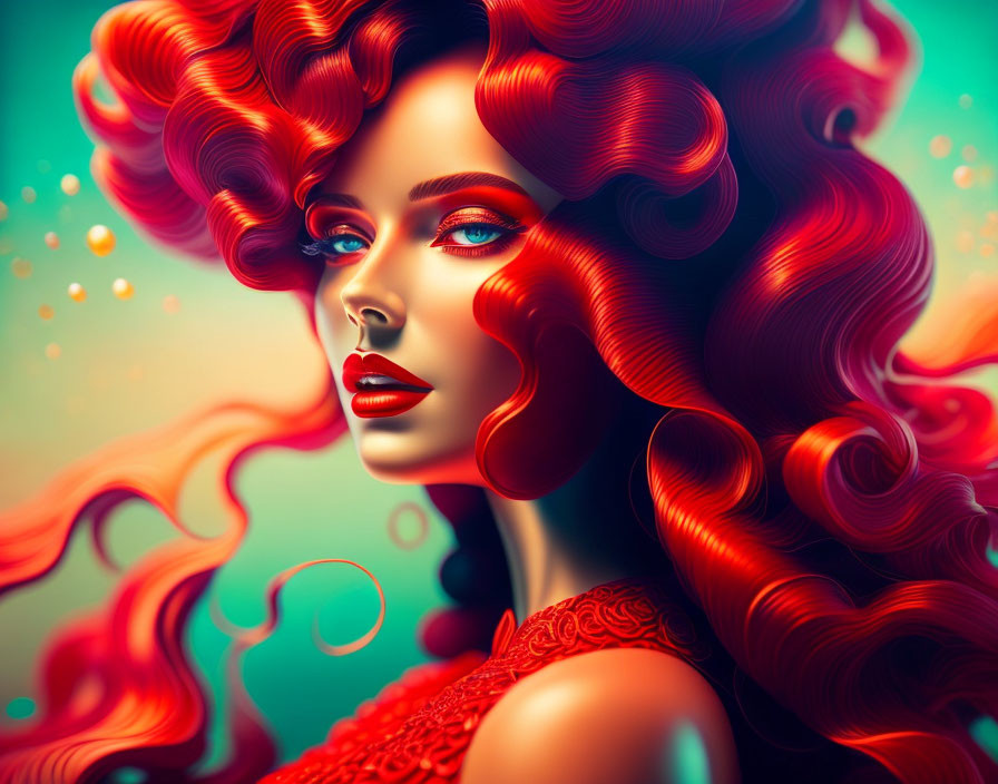 Vivid digital portrait of a woman with red hair, blue eyes, and red lips on turquoise background