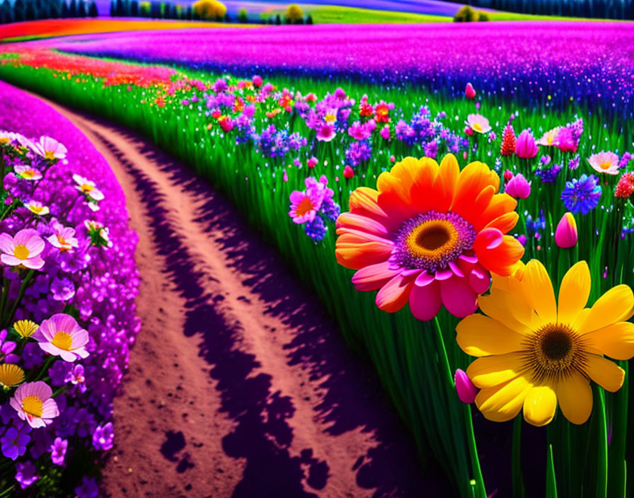 Colorful Flower Rows with Pathway and Foreground Flowers