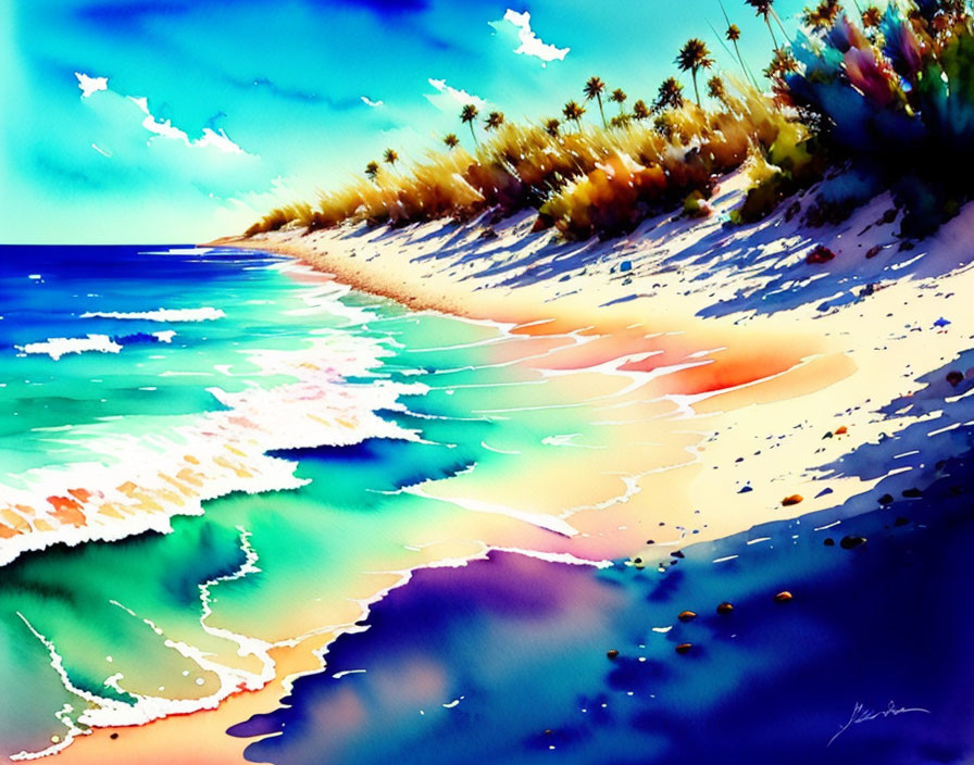 Tropical beach watercolor painting with palm trees