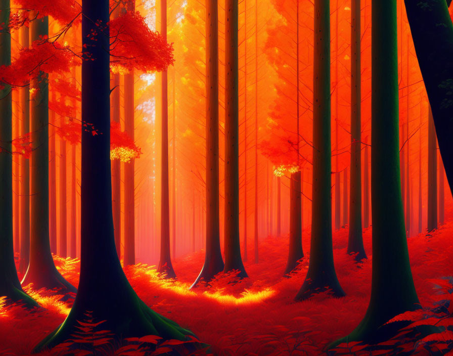 Vibrant forest scene with tall fiery red and orange canopy and sunbeams.