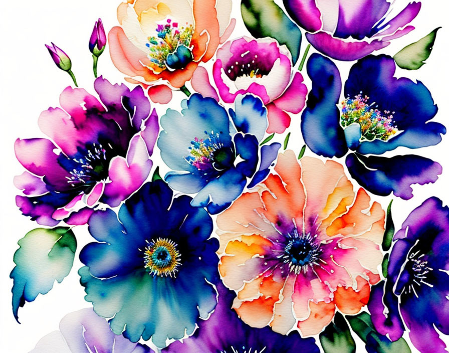 Assorted Vibrant Flowers in Colorful Watercolor Painting